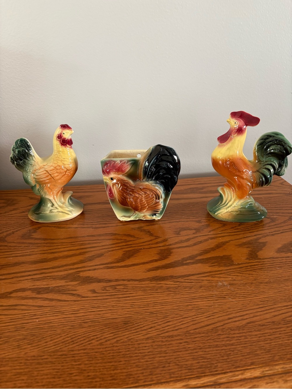 1950's Royal Copley Rooster Hen Wall Pocket 3-Piece Set Vintage HTF rare set